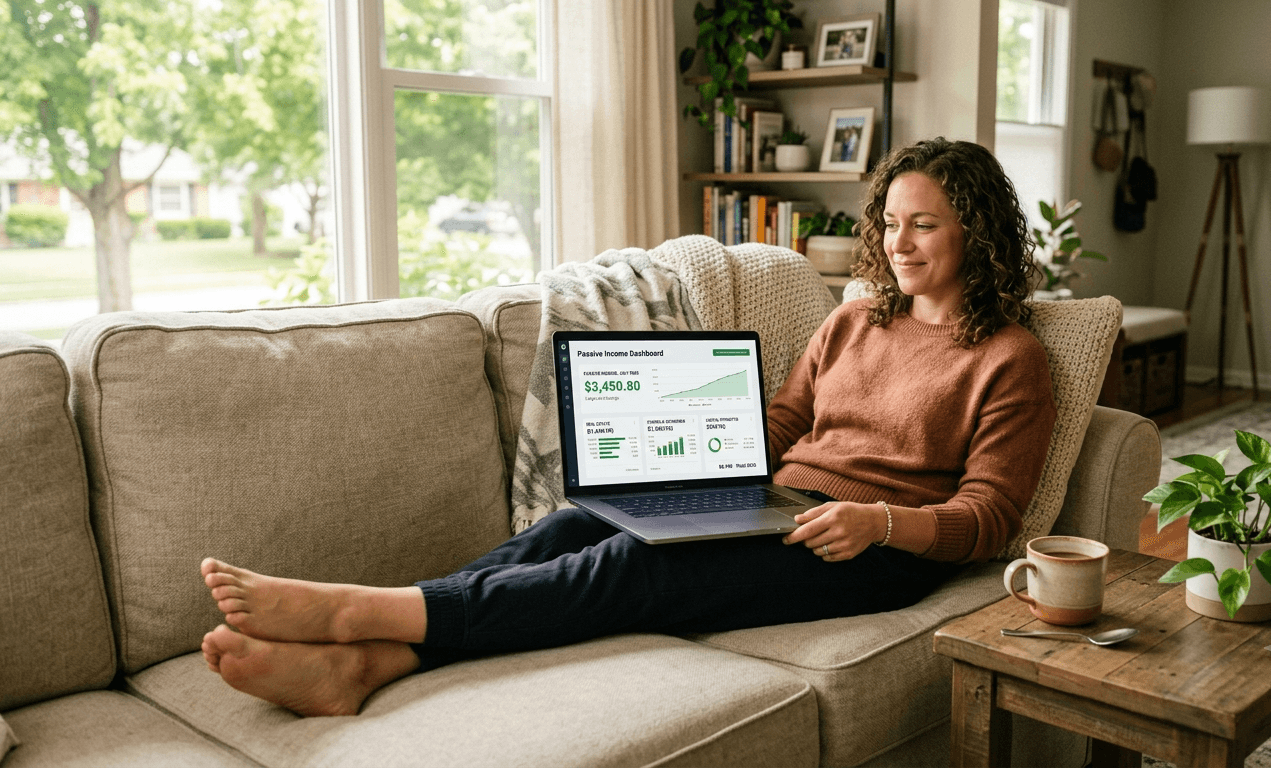 American woman reviewing passive income dashboard on laptop relaxed at home in 2026