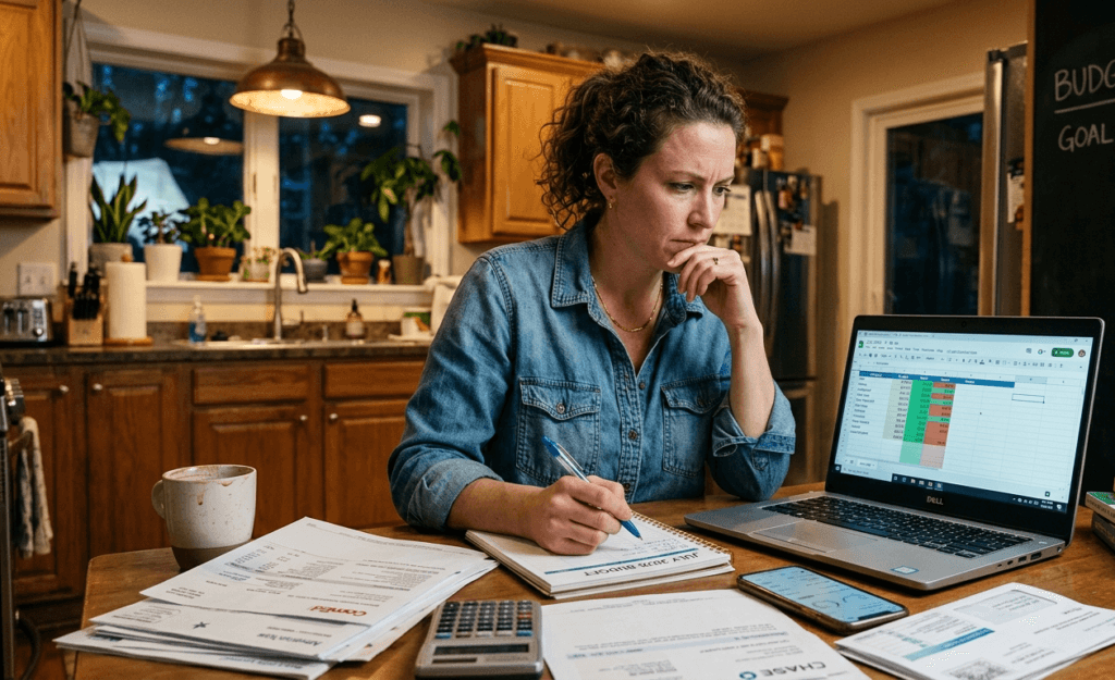 Determined American woman reviewing bills and budget spreadsheet at kitchen table working on getting out of financial crisis in 2026