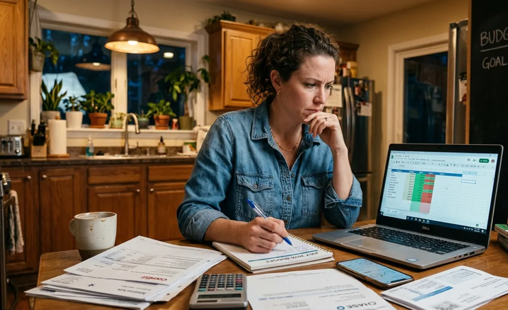 Determined American woman reviewing bills and budget spreadsheet at kitchen table working on getting out of financial crisis in 2026