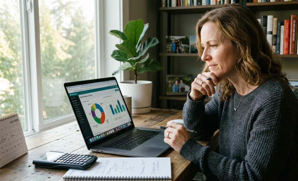 American woman reviewing inflation protection investment strategy on laptop in 2026