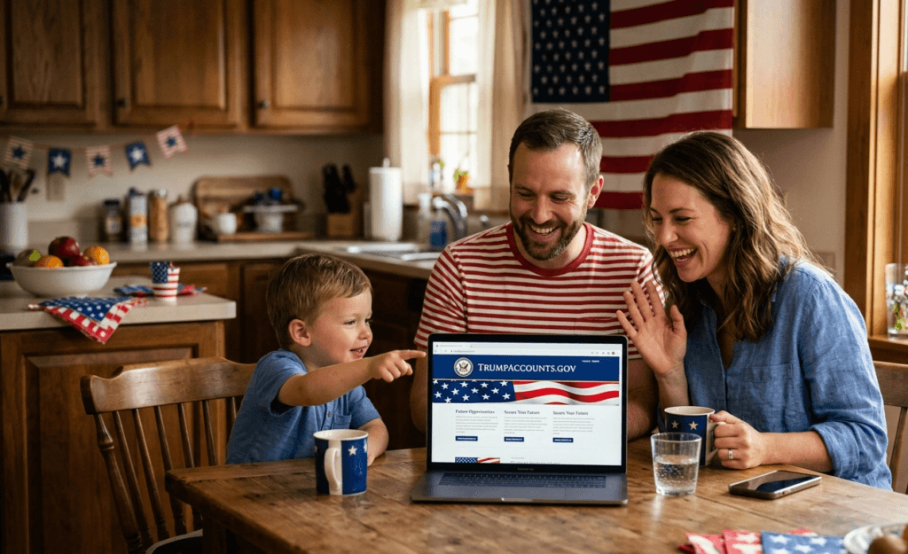 American family opening a Trump Account for their child on a laptop in 2026