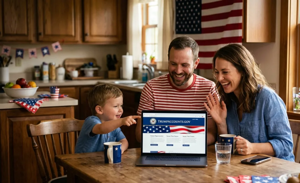 American family opening a Trump Account for their child on a laptop in 2026
