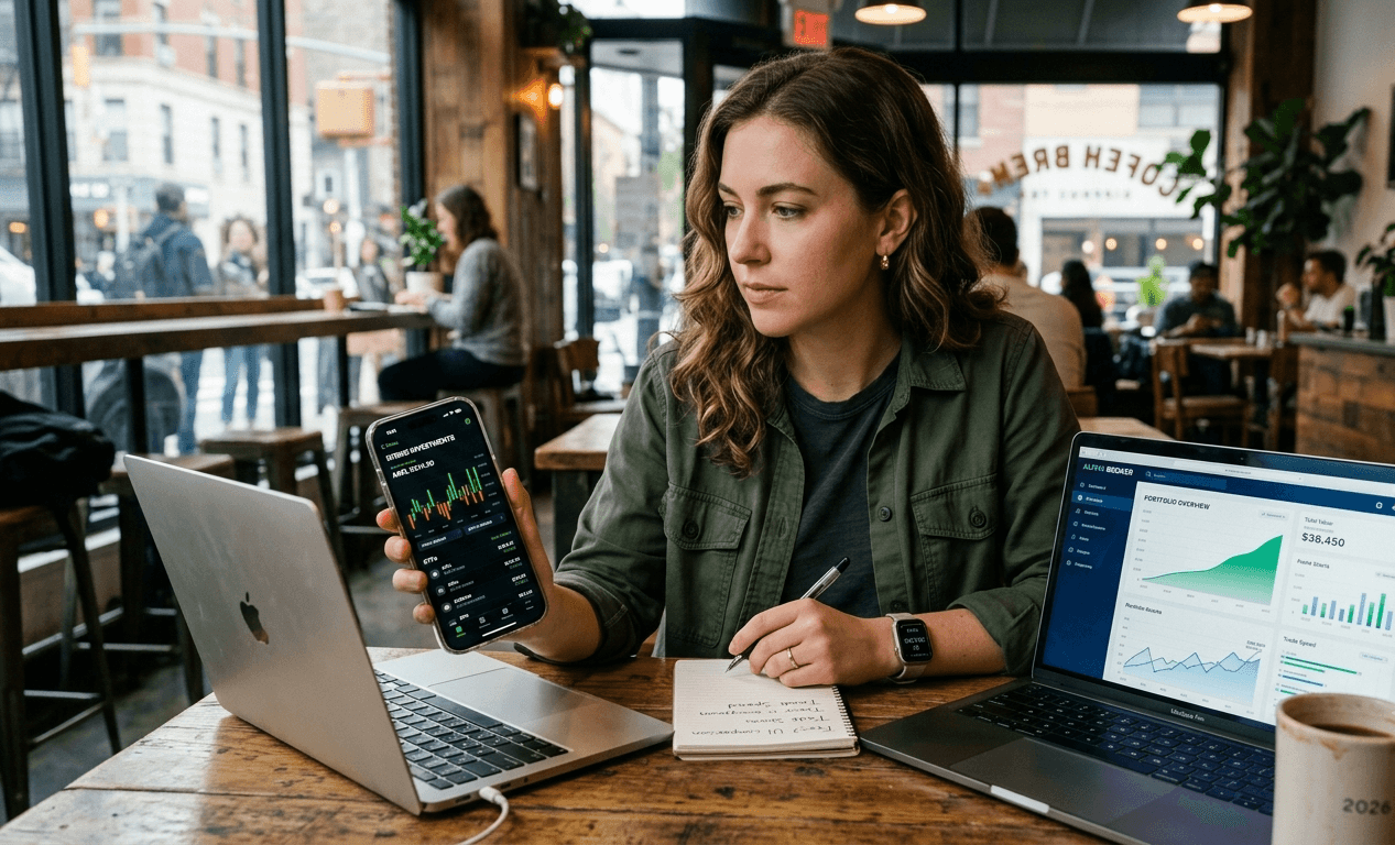 Young American professional comparing best brokerage accounts for beginners on laptop and phone in 2026