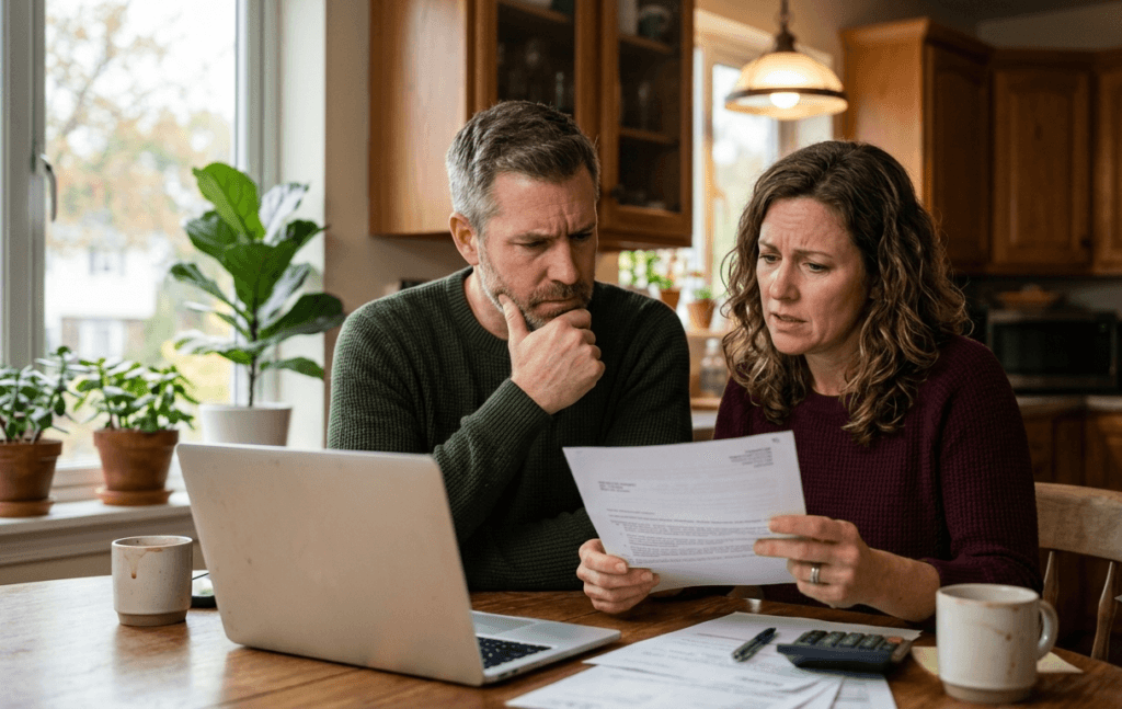 Couple reviewing a health insurance premium increase notice at home