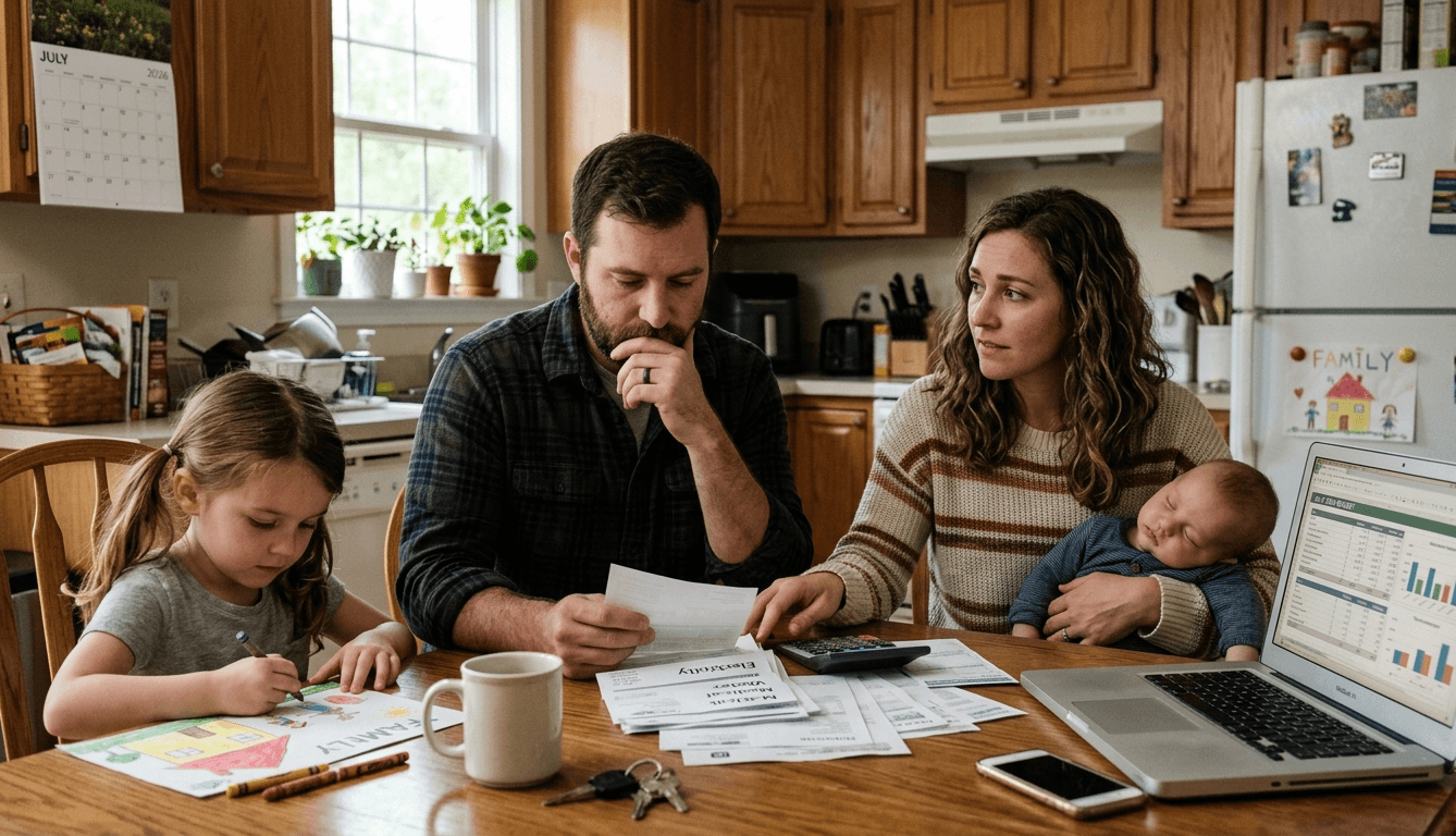 American family reviewing childcare and household costs at kitchen table in 2026