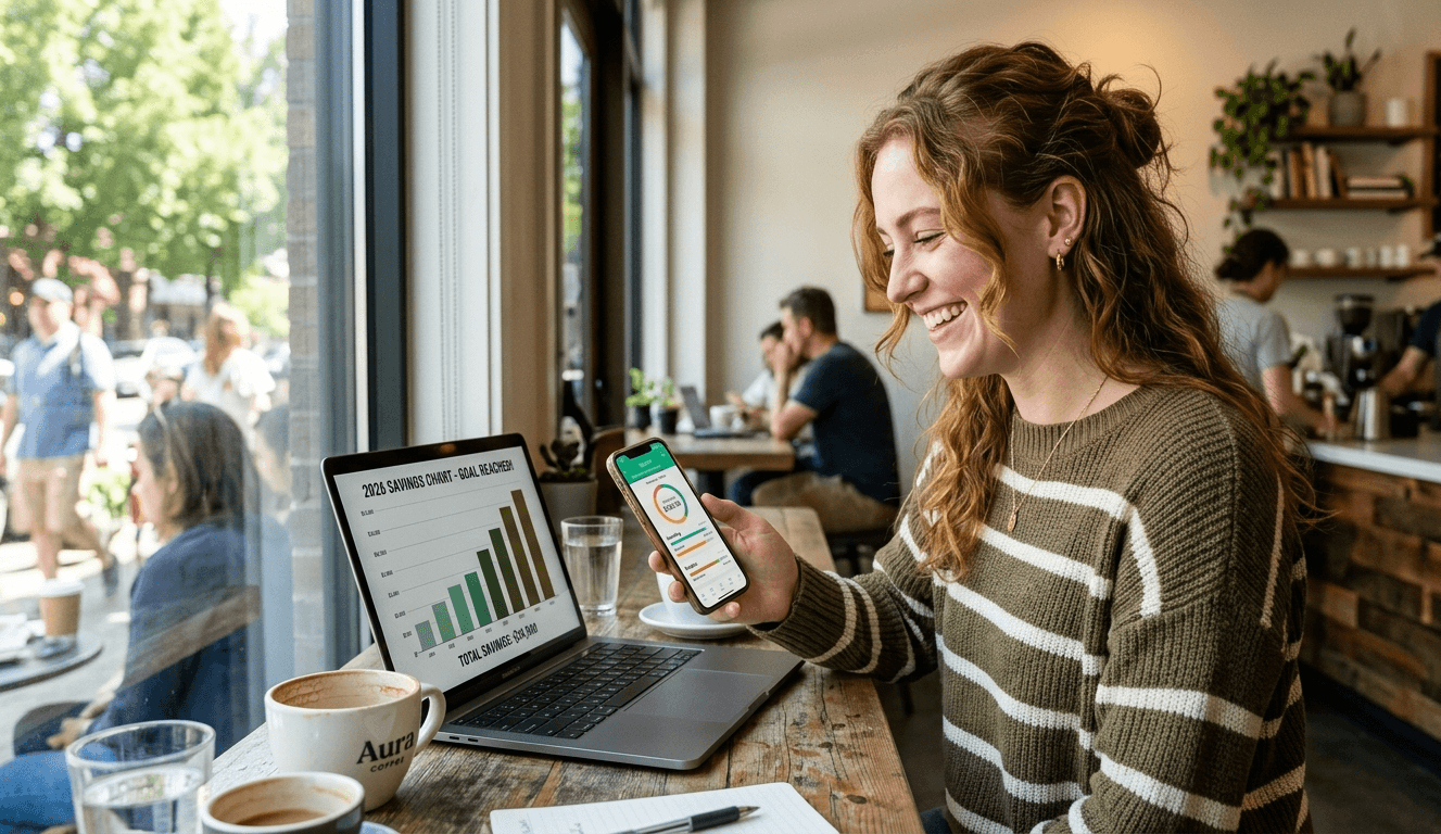 Young American woman checking moneymaxxing budgeting app on phone in 2026