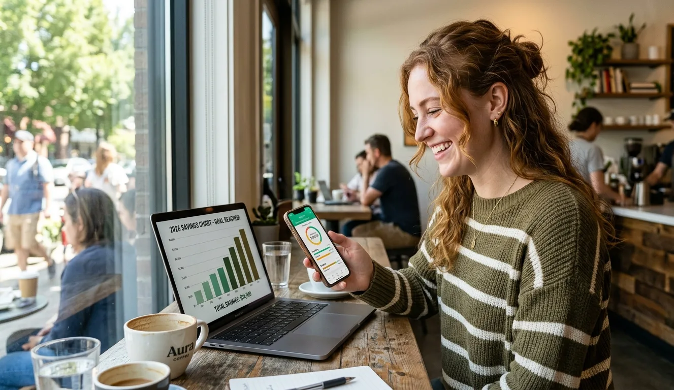 Young American woman checking moneymaxxing budgeting app on phone in 2026