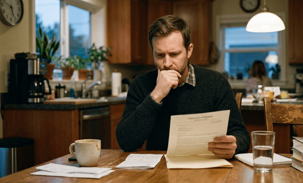 Person reviewing a paycheck and student loan default notice at home
