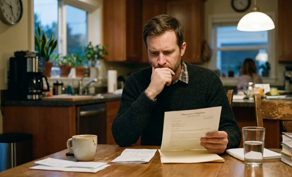 Person reviewing a paycheck and student loan default notice at home